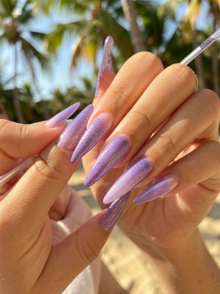Mãos femininas aplicando glitter roxo nas unhas longas e finas, luz natural e fundo tropical desfocado.