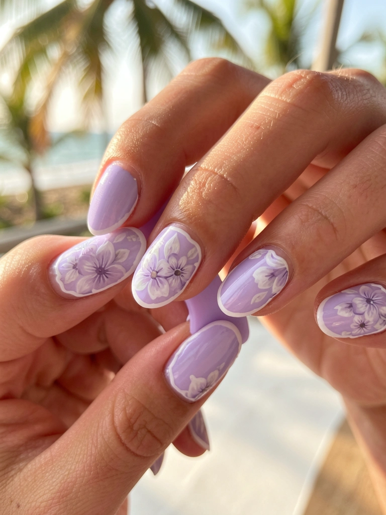 Mãos preparando unhas naturais com esmalte lavanda e desenho floral branco, luz natural suave ao fundo.
