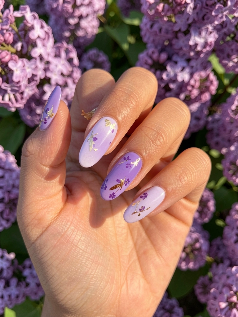 Mão com unhas lilás ombré, detalhes em folha de ouro e flores roxas, fundo desfocado de campo de lilases.