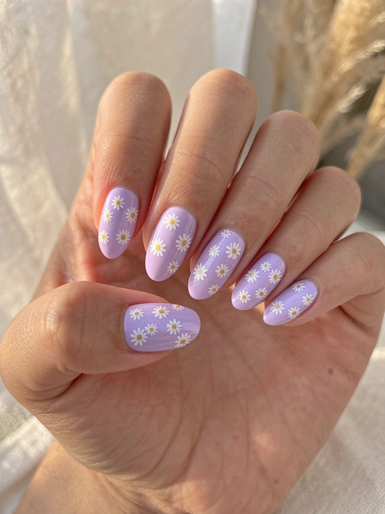 Mãos com unhas lavanda e adesivos de margaridas brancas, levemente em concha, sob luz natural suave e fundo neutro.