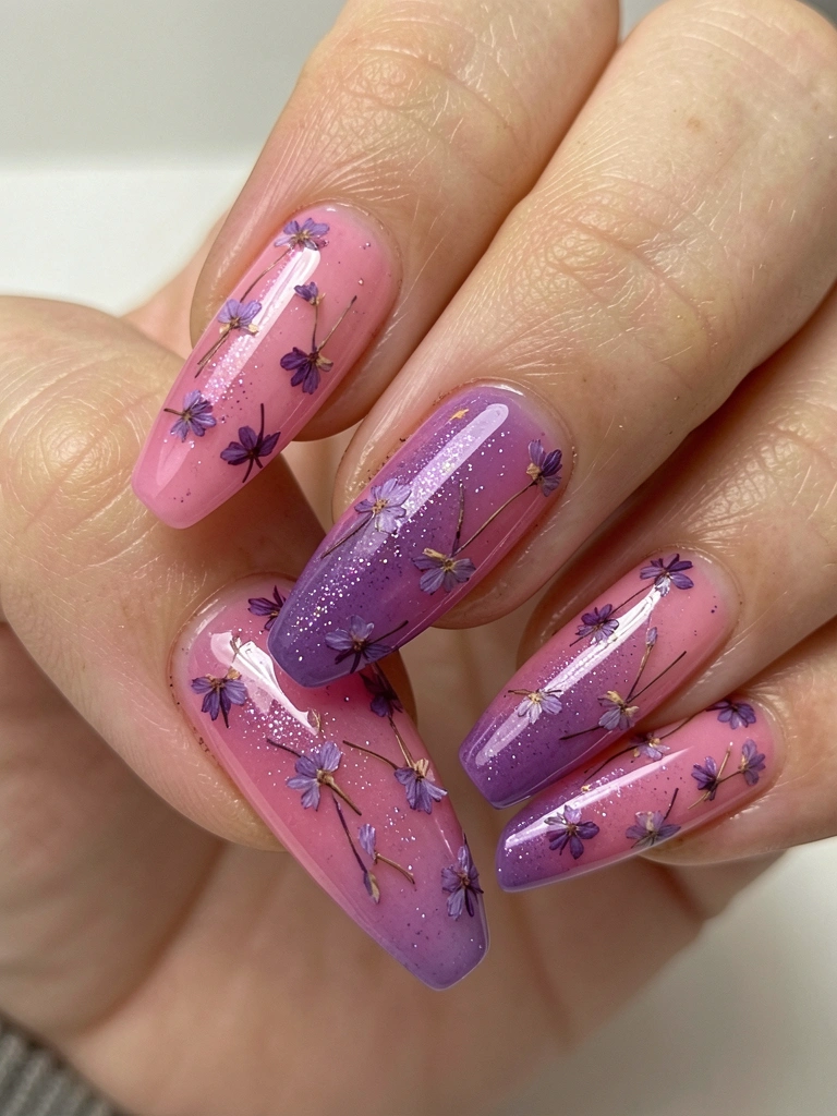 Mãos com unhas longas e quadradas em gradiente rosa e roxo, glitter e flores secas incrustadas no esmalte, luz suave.