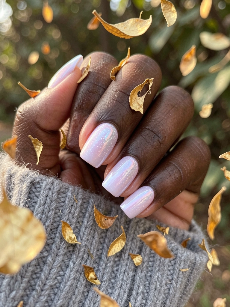 Mão segurando unhas iridescentes em ombré lavanda e rosa, lantejoulas douradas caindo, luz natural difusa, fundo desfocado com folhagens.
