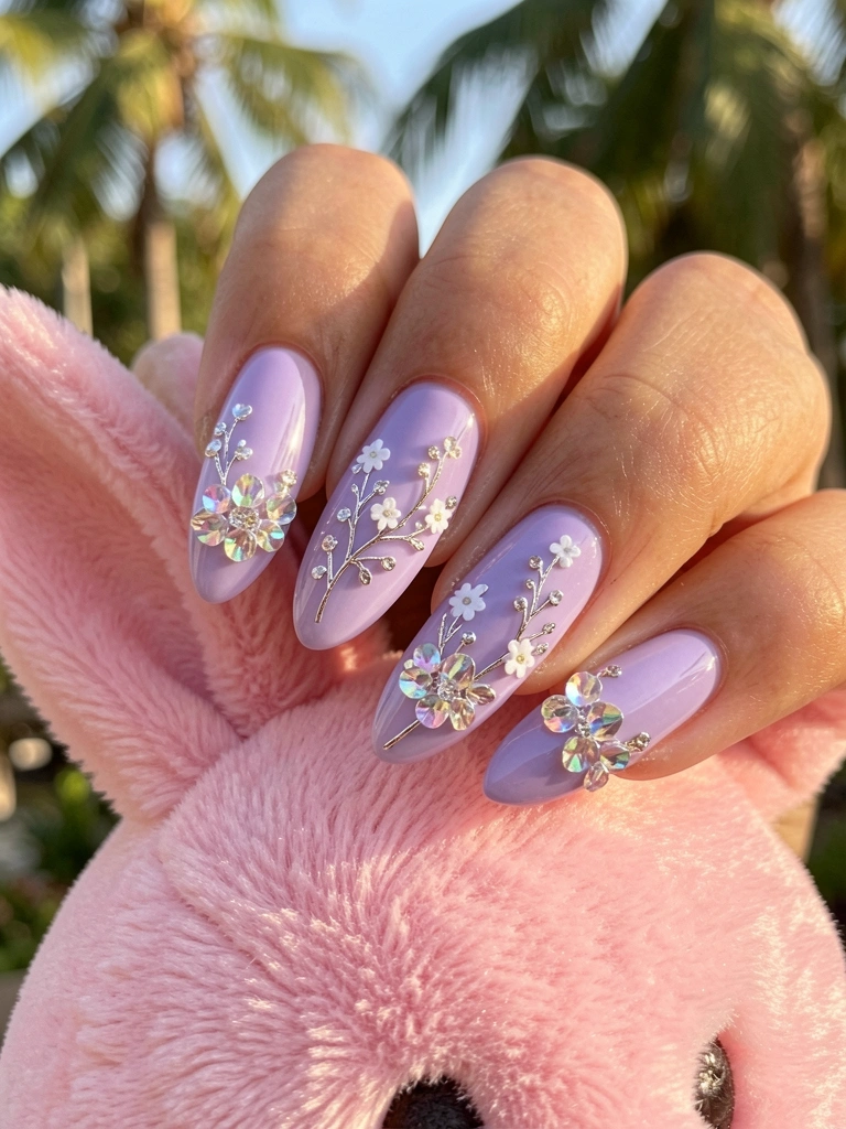 Unhas lilás ovais com nail art floral de galhos prateados, flores brancas e cristais, pelúcia rosa ao fundo, luz natural.