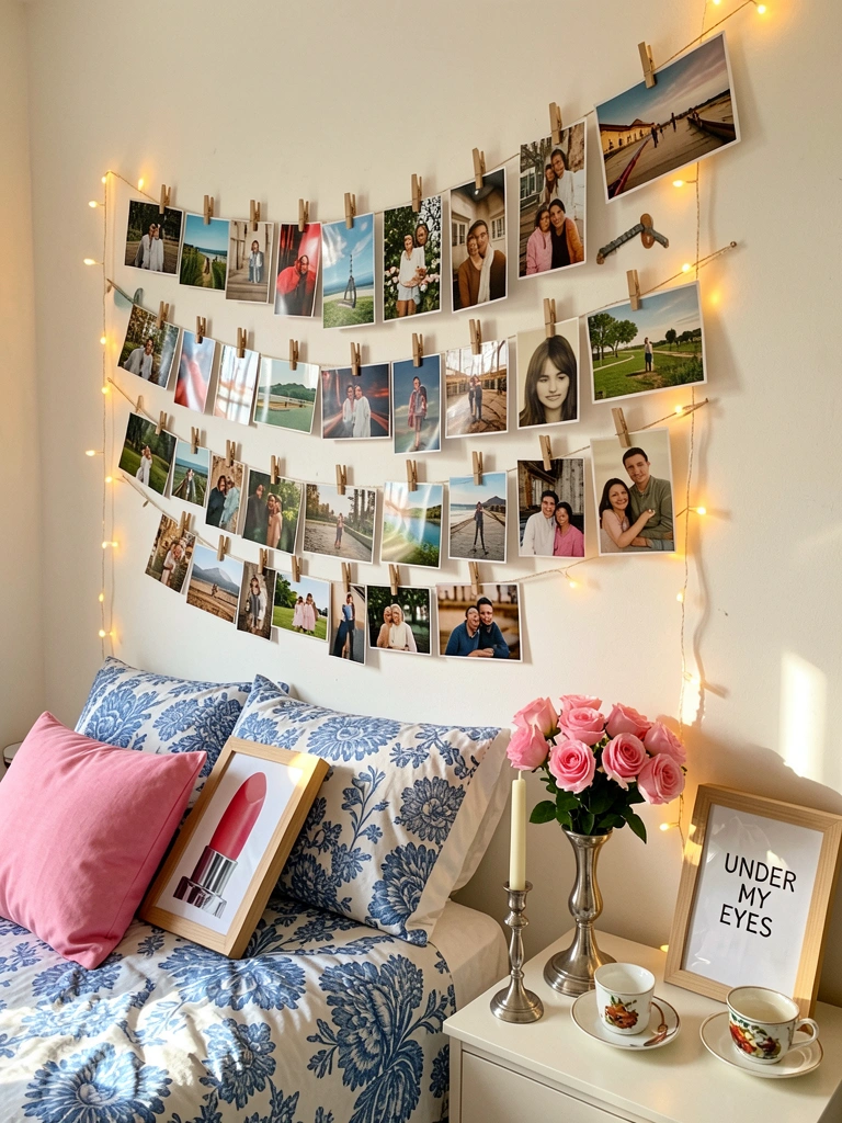Vestígios de viagens em fotos presas por pregadores de madeira num varal sobre parede branca com luzinhas, cama com colcha floral azul e rosas em vaso rosa ao lado.
