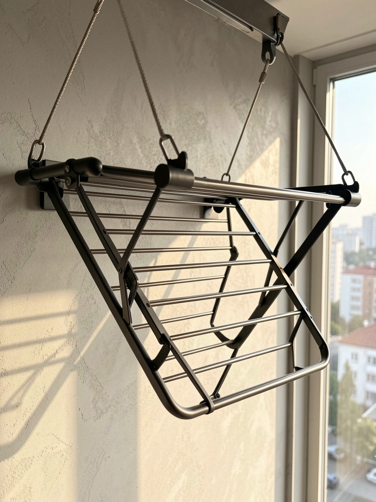 Dark metal clothes drying rack suspended from ceiling by cables, intricate articulated frame with horizontal rods, soft shadows on light gray textured wall, blurred cityscape through window.