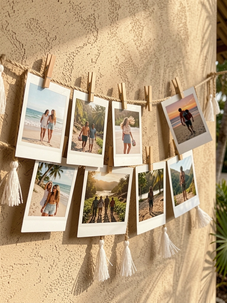 Oito fotos estilo Polaroid penduradas em varal rústico de corda de juta com prendedores de tassel branco, parede texturizada bege iluminada por luz natural.