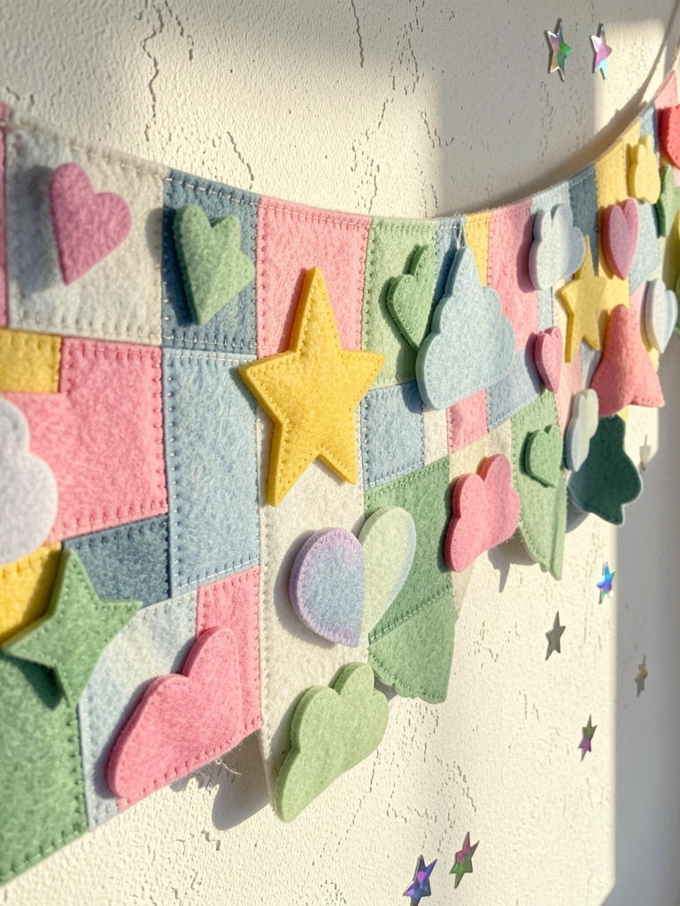 Banner de patchwork com estrelas, corações e nuvens de feltro pastel pendurado em parede texturizada branca, luz natural suave e estrelas iridescentes ao fundo.
