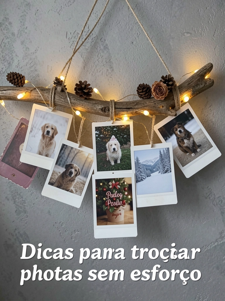 Galho seco pendurado na parede cinza texturizada com fotos Polaroid, luzinhas quentes, pinhas e uma rosa seca.