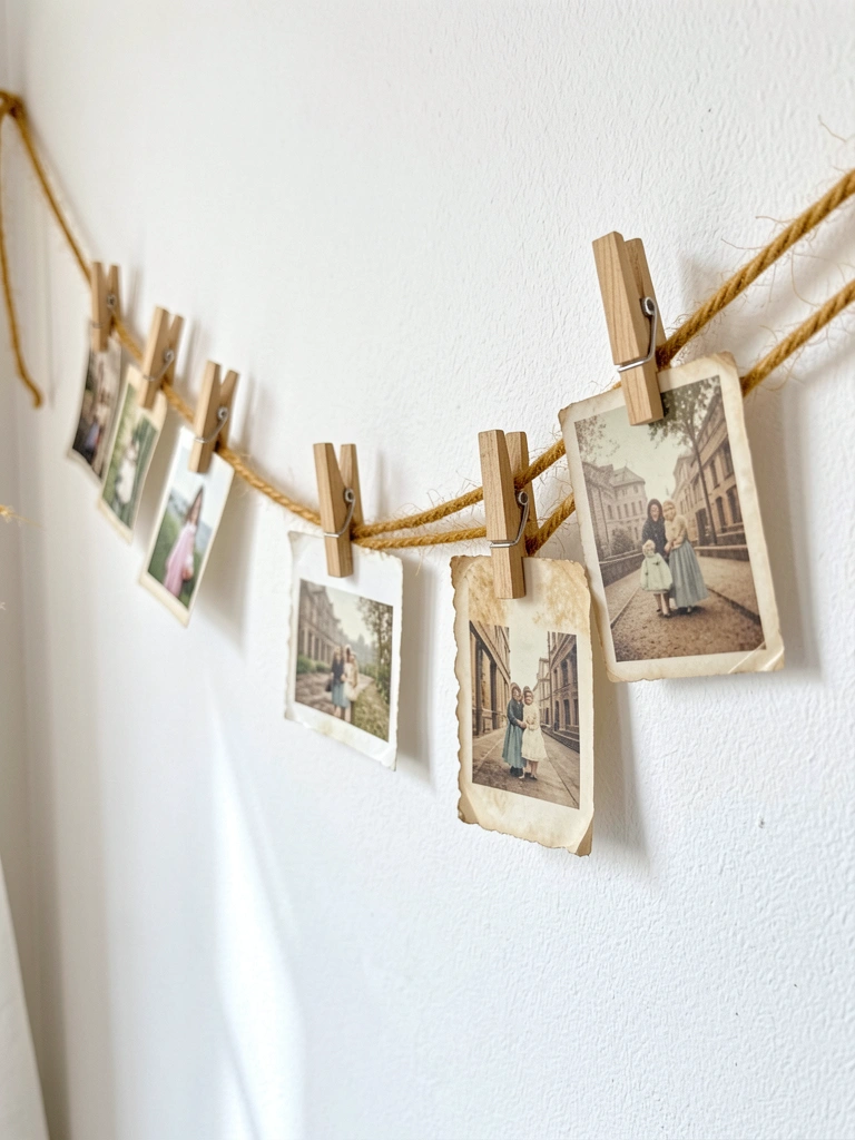 Guirlanda rústica de barbante com quatro fotos vintage presas por minipregadores de madeira, sobre parede branca com luz natural suave.