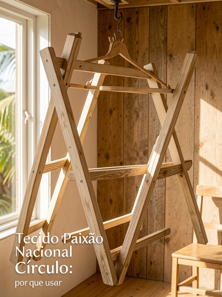 Varal rústico de madeira clara com textura natural, pendurado por gancho no teto, em sala iluminada por luz do dia que projeta sombras suaves na parede de tábuas.