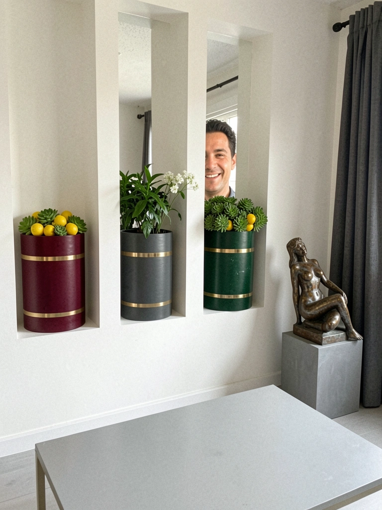 Sala com vasos em nichos, mesa de centro e canto com iluminação natural.