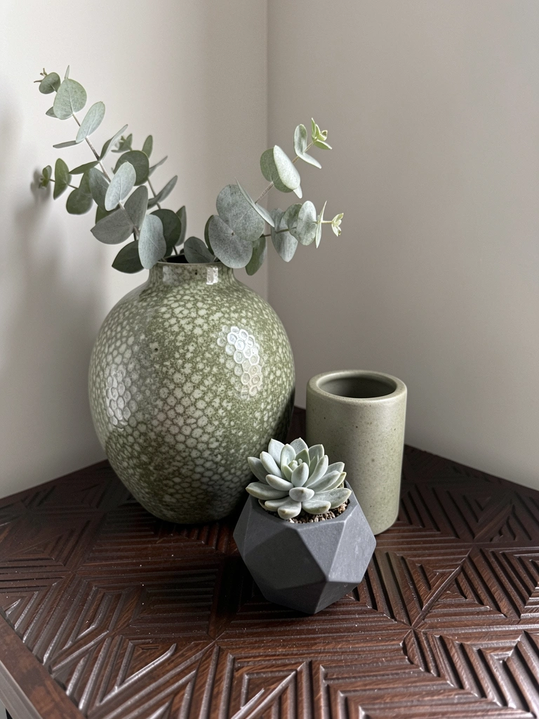 Vasos de diferentes alturas e plantas em um canto de ambiente