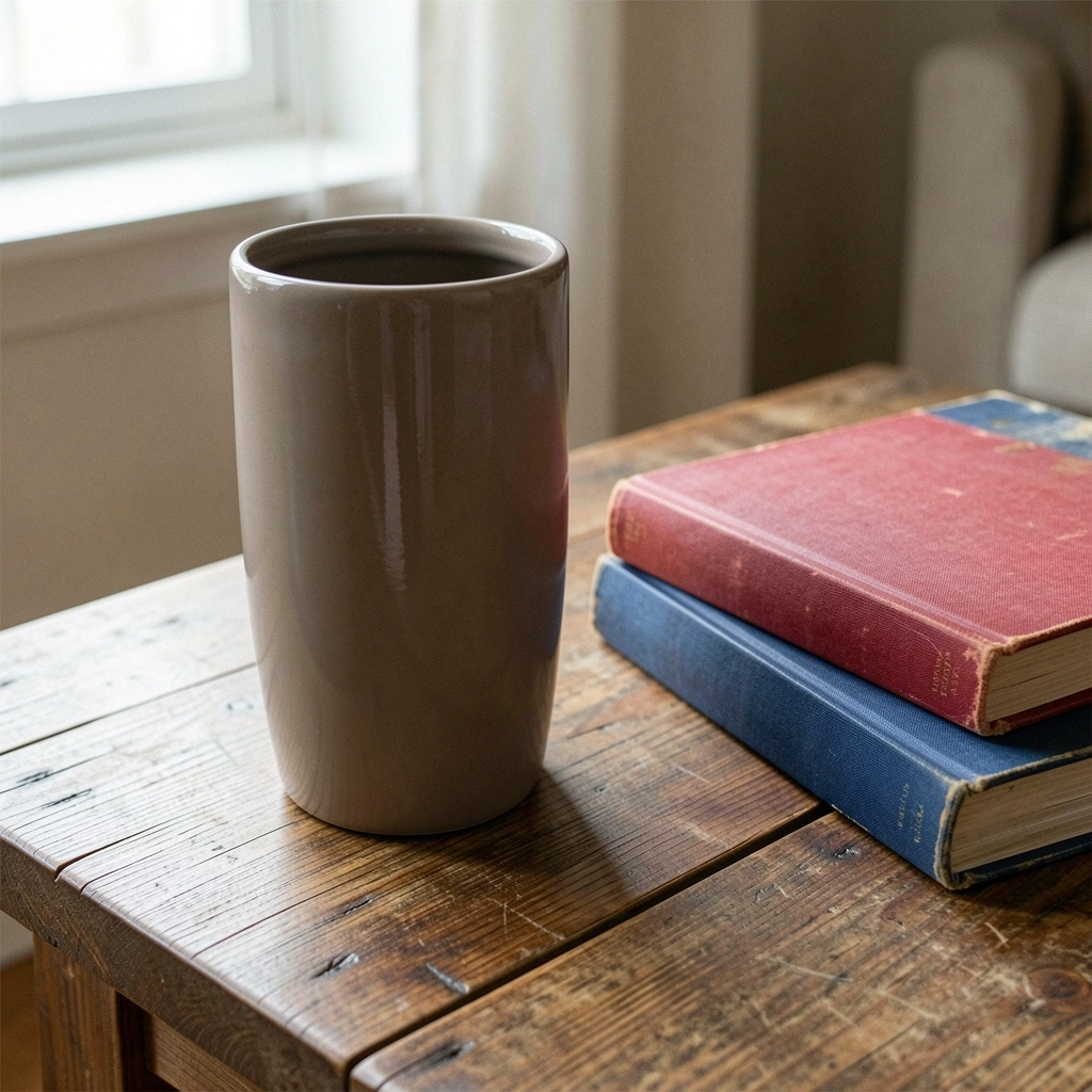 Vaso decorativo sobre mesa de centro ao lado de livros empilhados.