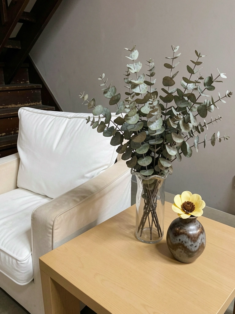 Vaso de cerâmica com ramo de eucalipto seco ao lado de outro vaso com flor artificial.