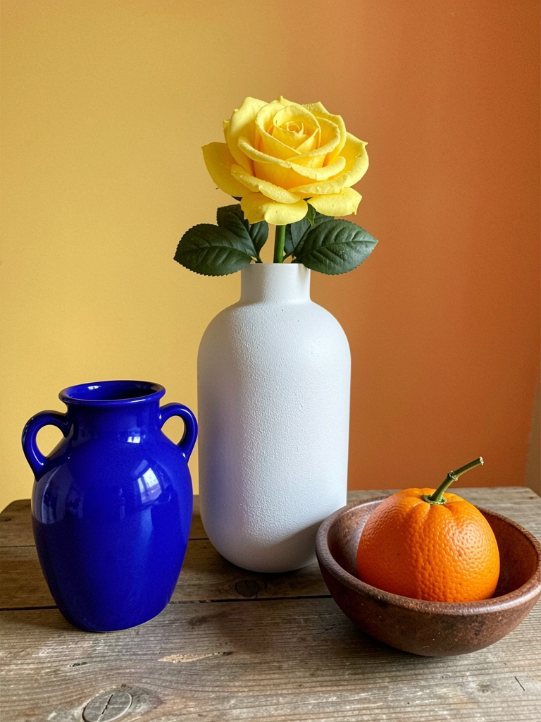 Vaso branco com flor artificial realista em tons de rosa sobre mesa de madeira, iluminado por luz natural.