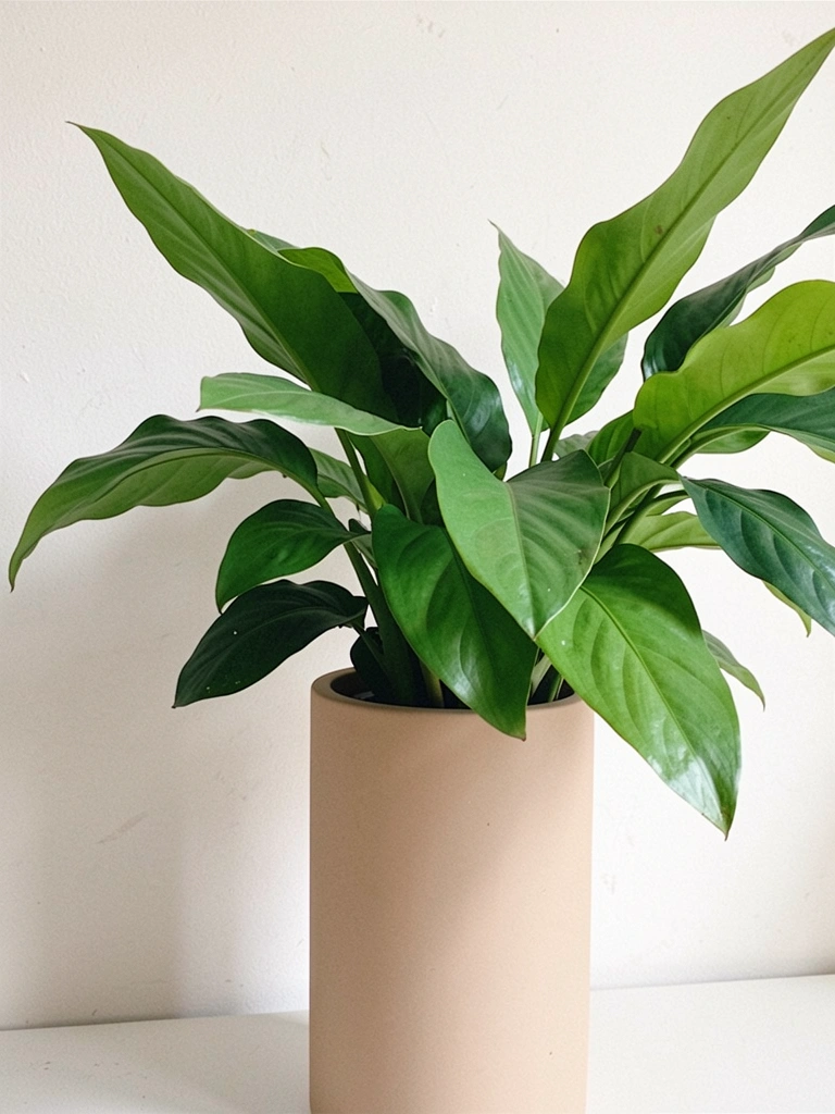 Vaso cilíndrico fosco com planta verde sobre mesa em ambiente clean.