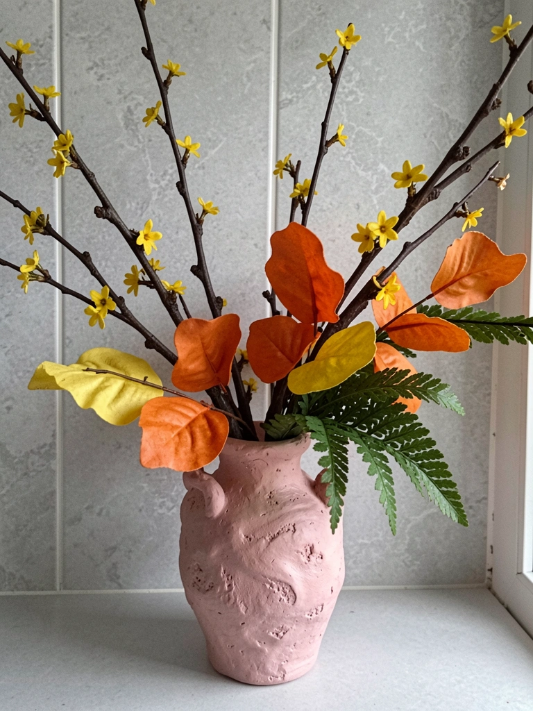 Vaso de barro artesanal com textura irregular e flores secas
