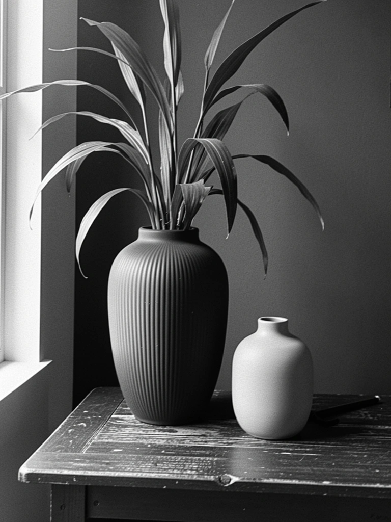 Vaso grande de cerâmica bege com planta alta ao lado de um vaso pequeno sobre mesa de madeira.