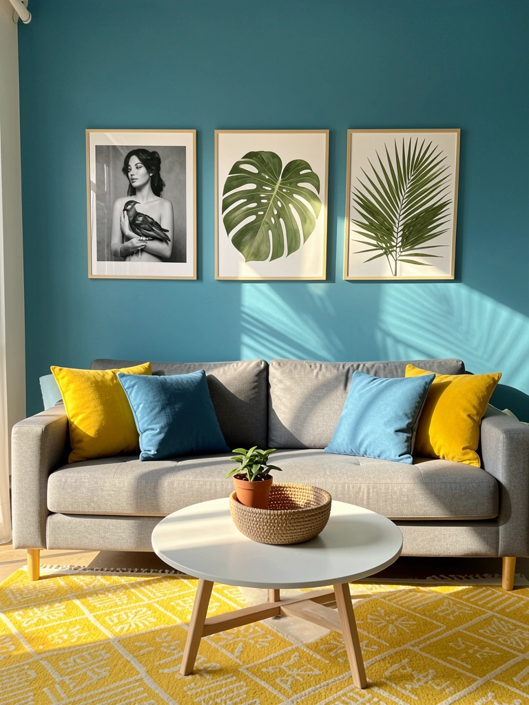 Parede azul-petróleo com três quadros botânicos, sofá cinza com almofadas amarelas e azuis, mesa redonda branca com cesto trançado e vaso de planta.