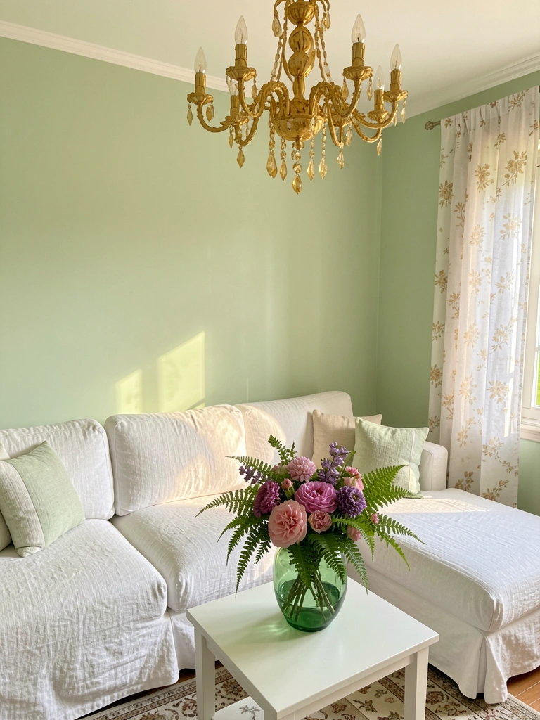 Parede verde clara, sofá branco de linho texturizado e lustre dourado ornamentado em sala iluminada por luz natural.
