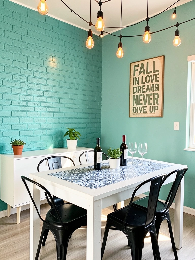 Teal blue brick wall, white wooden table with blue and white tile top, black metal chairs, string lights with Edison bulbs, vintage poster, red wine and glasses, succulent, daylight.