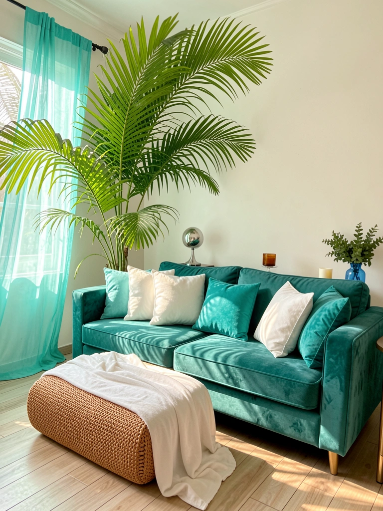 Cortinas turquesa filtram luz natural sobre sofá tecido azul-petróleo, palmeira verde e mesa lateral com vaso azul e vela âmbar.