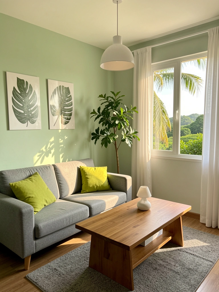 Parede verde-clara, sofá cinza com almofadas verde-limão, mesa de centro de madeira, vaso com árvore frondosa, luz natural entrando pela janela.