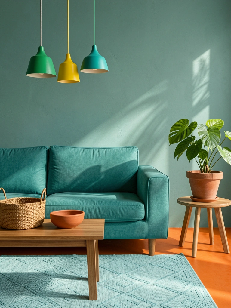 Luz natural incide sobre sofá verde-água e tapete geométrico azul claro, mesa de madeira com cesto e tigela de terracota no chão laranja.