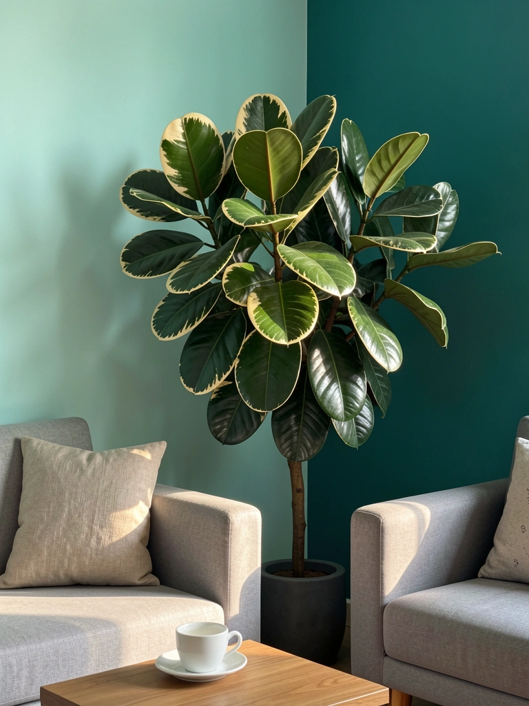 Folhas variegadas de Ficus elastica refletem luz natural em sala com sofá cinza e parede em dois tons de verde-água.