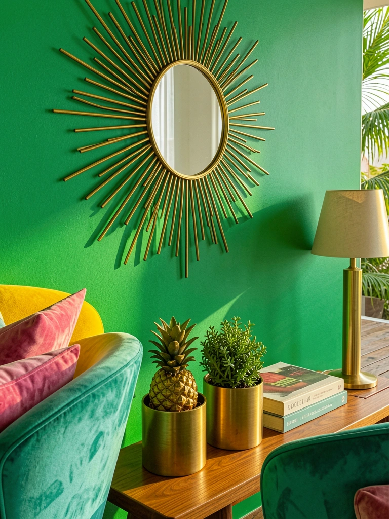 Espelho redondo dourado reflete poltrona amarela e almofadas rosa, parede verde-água texturizada e piso de madeira.