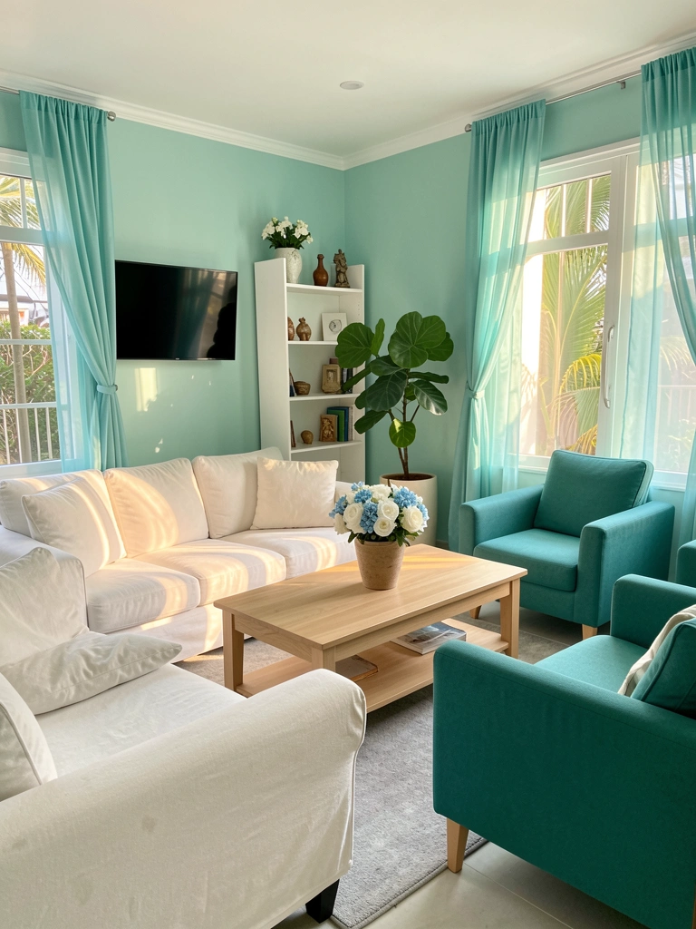 Sofá branco, poltrona azul-petróleo e mesa de centro de madeira clara com vaso de folhas verdes e buquê azul e branco, luz natural filtrada por cortinas azuis.