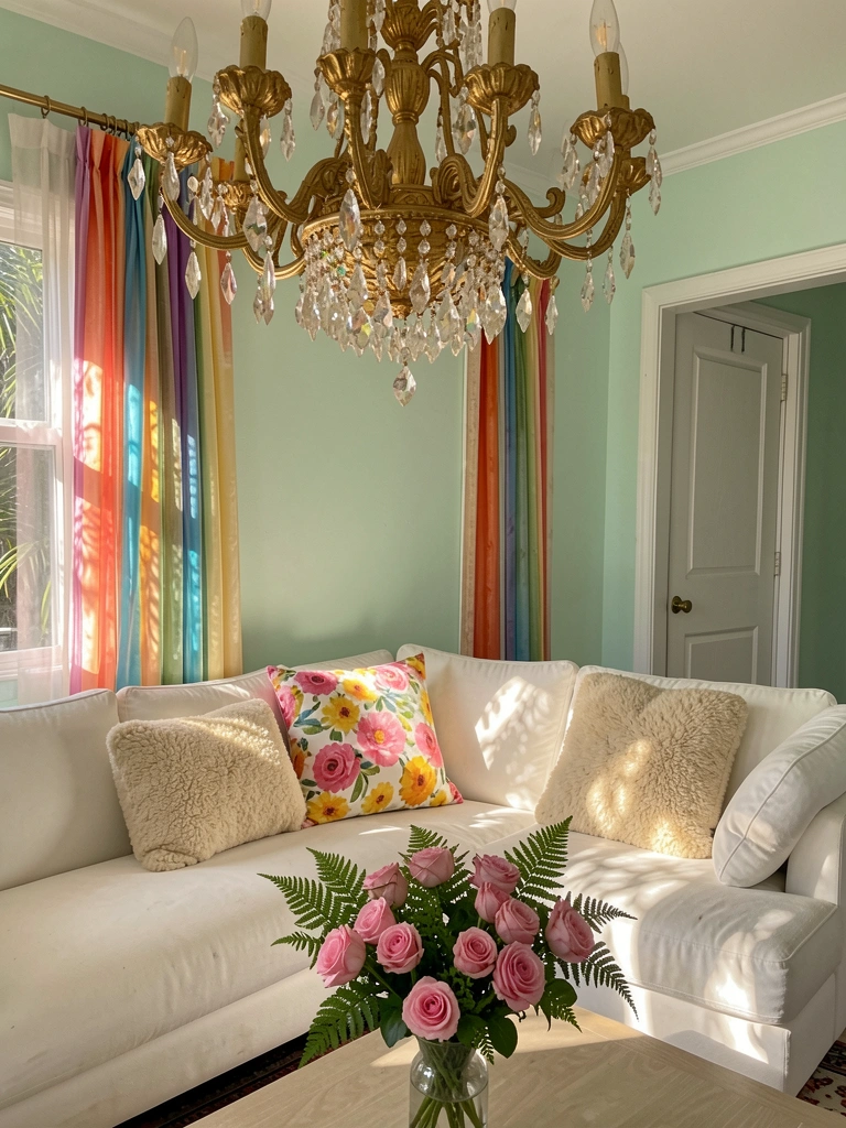 Lustre dourado com pingentes de cristal sobre sofá branco, almofada floral e bouquet de rosas em vaso de vidro sobre mesa clara, parede verde-menta e cortina colorida ao fundo.