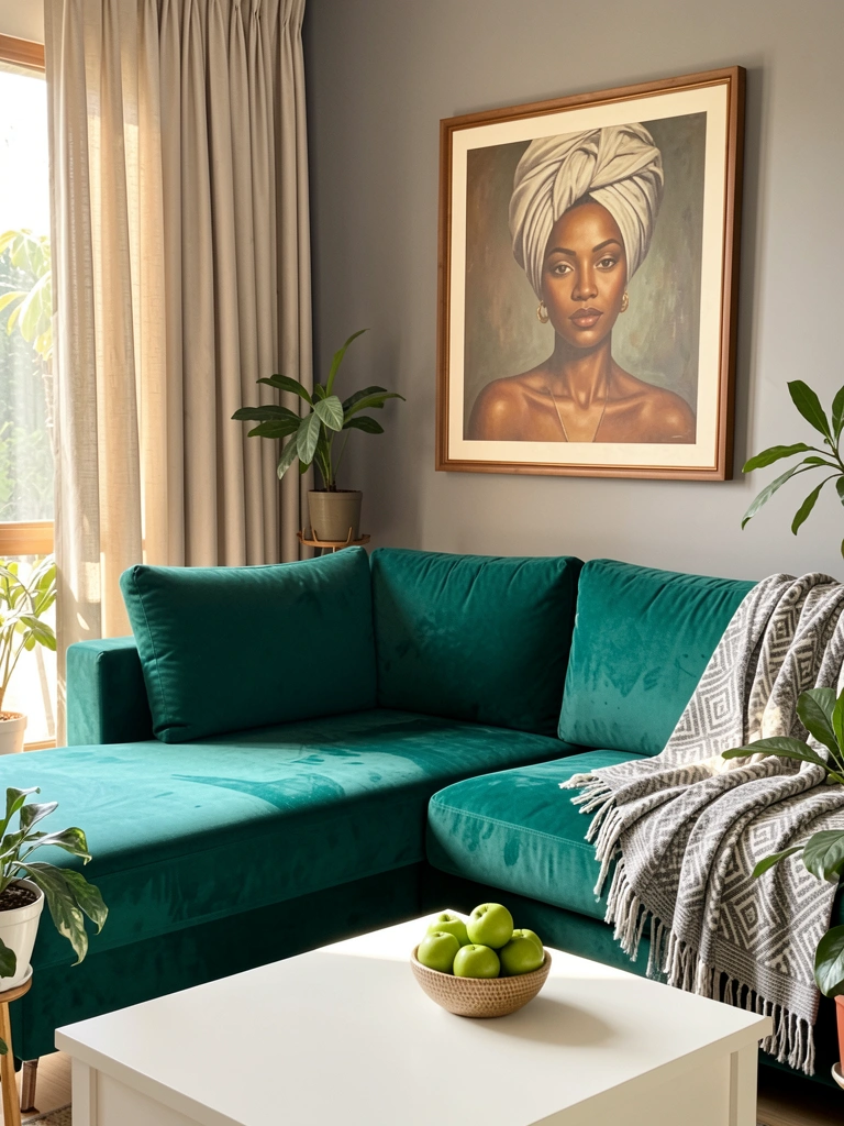 Sofá de veludo teal com manta listrada e cesto de maçãs verdes sobre mesa branca, retrato emoldurado na parede cinza e cortina bege com luz natural.