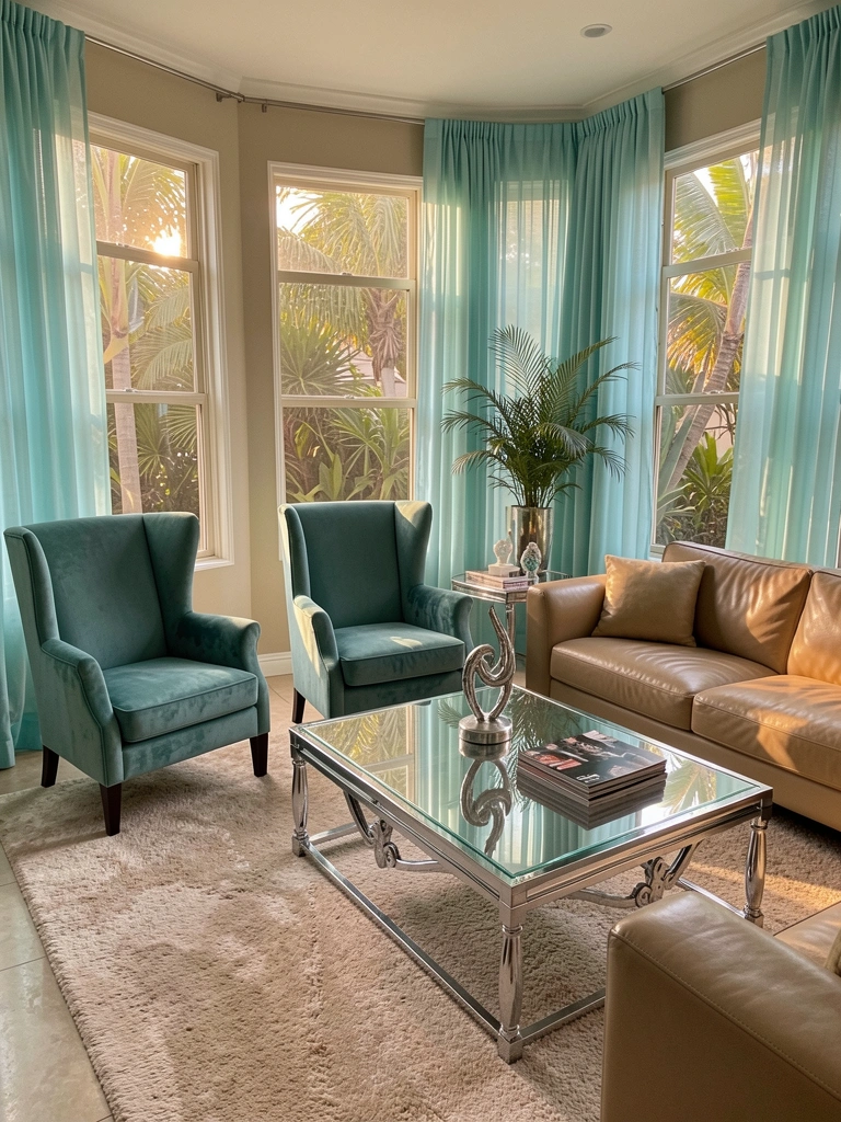 Poltronas estofadas em teal, mesa de centro cromada com tampo de vidro e escultura prateada, luz natural entrando por janelas amplas com vista para jardim tropical.