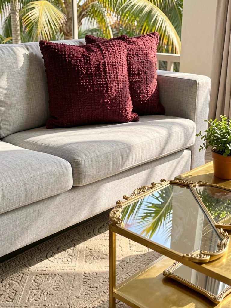 Luz natural incide sobre sofá cinza claro com almofada vinho, mesa de centro dourada e espelhos ornamentados sobre tapete bege estampado.