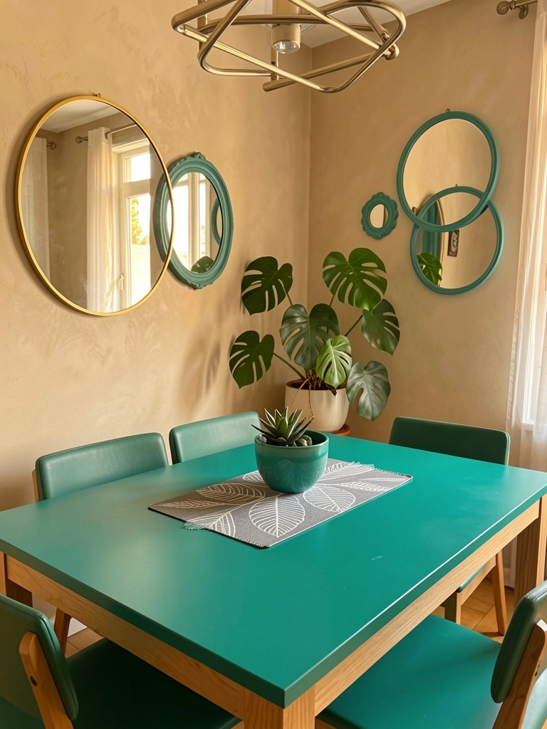 Mesa redonda de madeira clara com tampo verde-azulado, sousplat cinza estampado, espelhos redondos e lustre moderno sob luz natural.