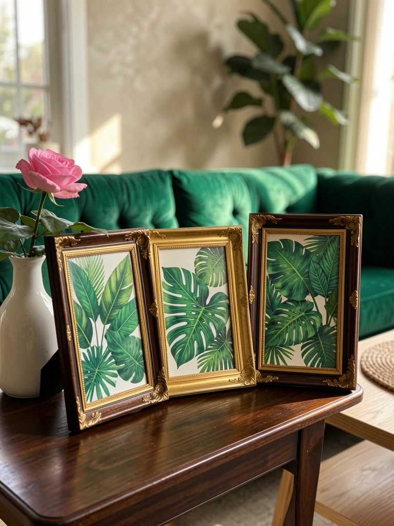 Três quadros botânicos com folhagens verdes e detalhes dourados sobre sofá verde musgo, vaso com rosa sobre mesa de madeira escura, luz natural lateral.