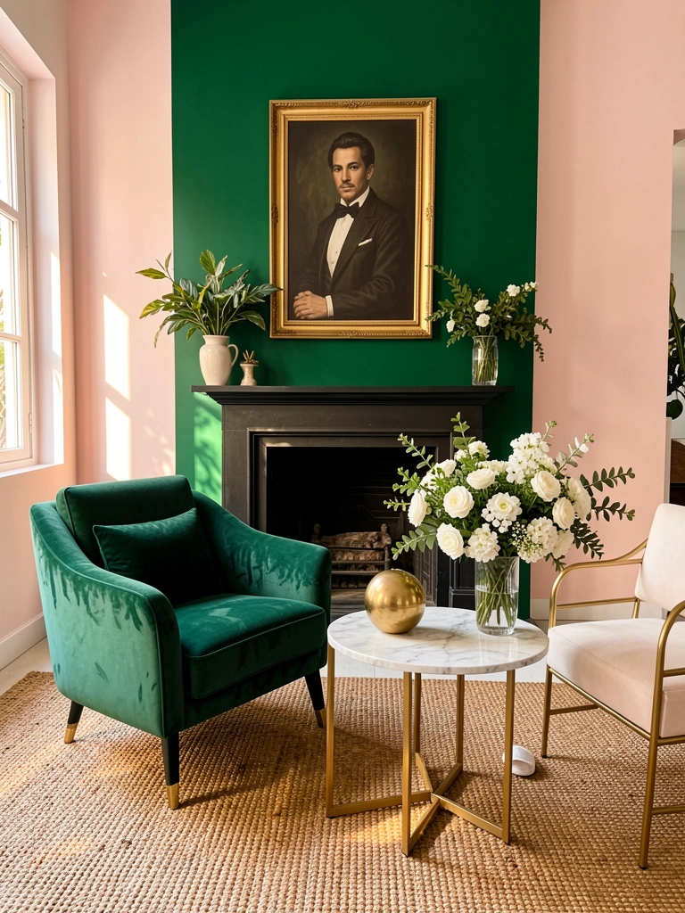 Parede verde-esmeralda, lareira escura, retrato emoldurado, poltrona de veludo verde, mesa de mármore, vaso com flores brancas, luz natural aquecendo a cena.
