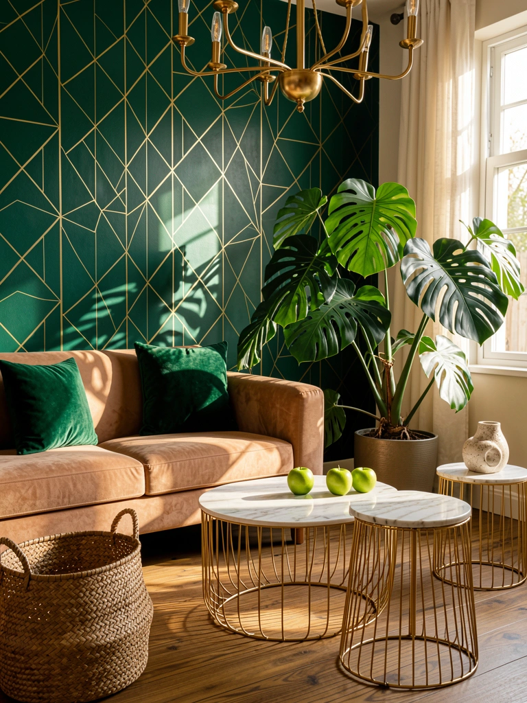 Parede verde escura com padrão geométrico dourado, sofá bege com almofada verde e lustre dourado, luz solar entrando pela janela.
