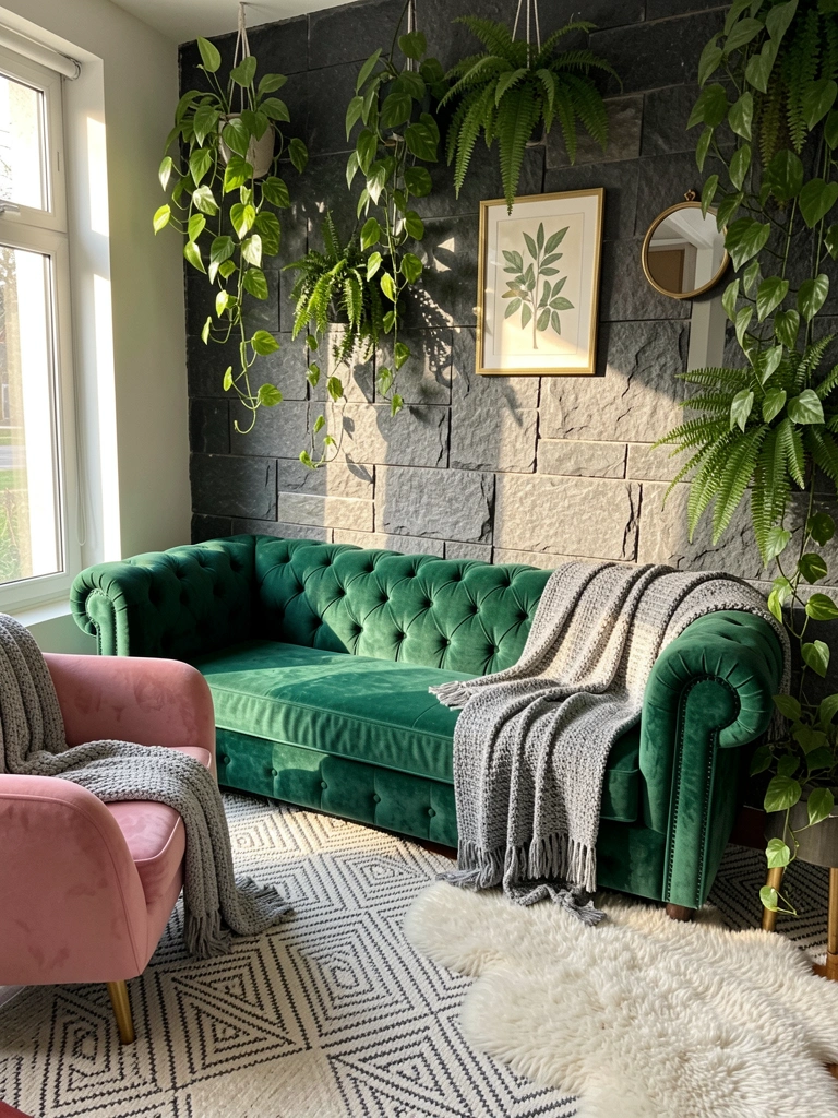 Sofá Chesterfield verde esmeralda com capitonê, parede de pedra escura com samambaias pendentes, poltrona rosa e tapete geométrico.