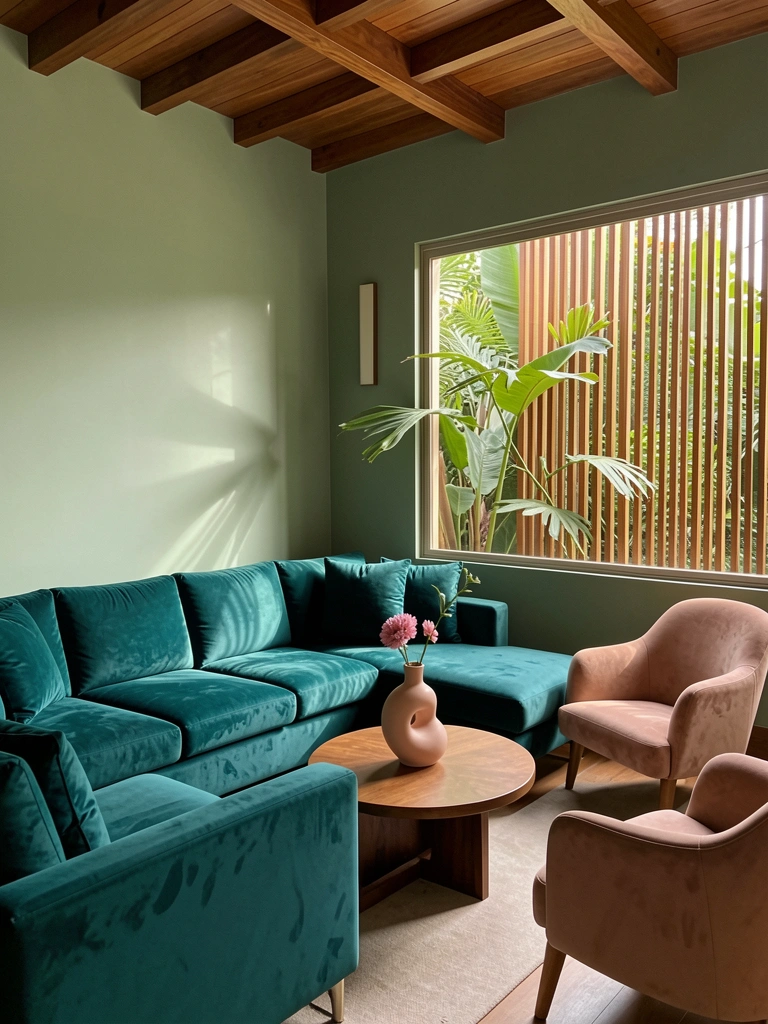 Sofá de veludo azul-petróleo, mesa de centro de madeira redonda, vaso cerâmico blush com flor rosa, parede verde-sálvia e janela com vista para vegetação tropical, luz natural do dia.