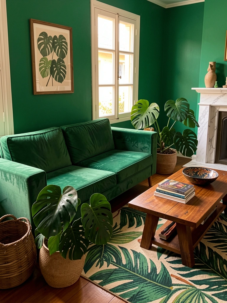 Sofá verde-veludo, tapete com folhas tropicais, mesa de centro com livros e bowl, paredes verde-esmeralda e janelas com luz natural.