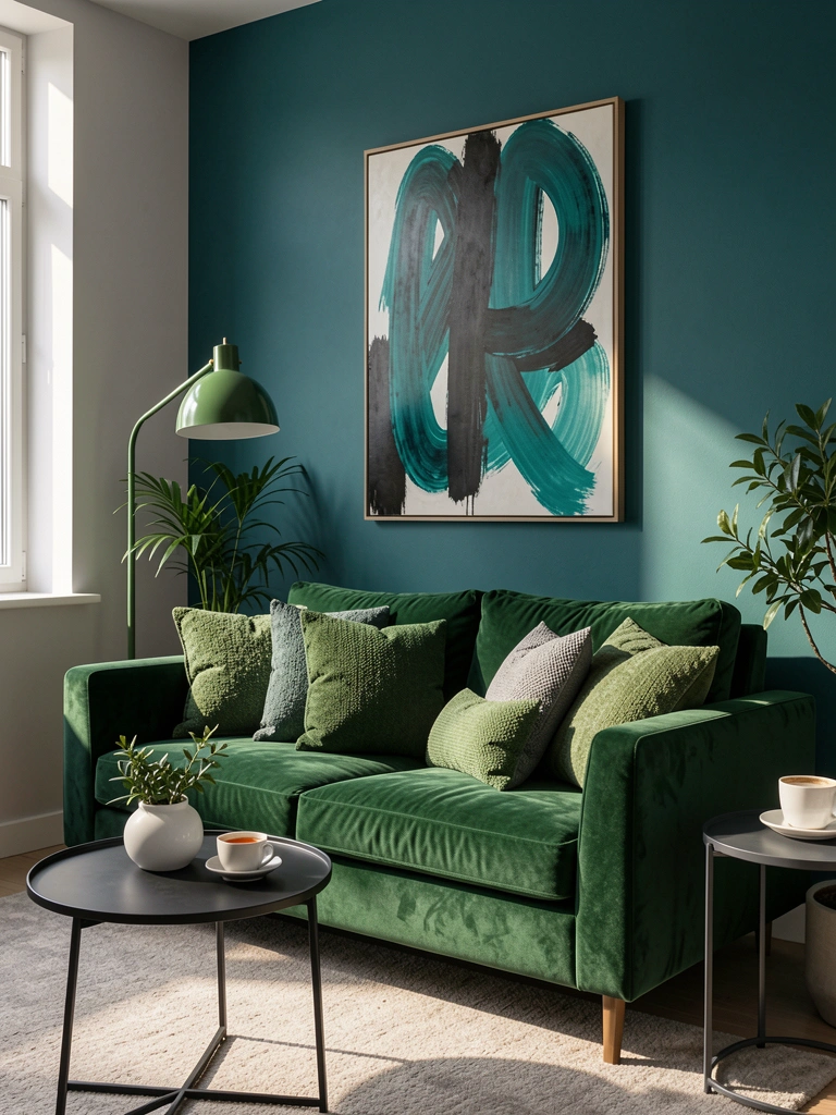 Luz natural incide sobre sofá verde-escuro com almofadas verdes e cinzas, mesa preta redonda com vaso branco e xícara, luminária verde e quadro abstrato azul-petróleo.