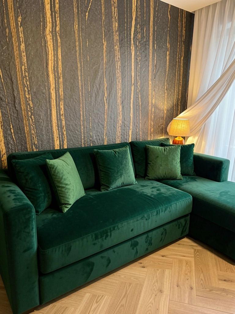 Luz âmbar de abajur de linho ao lado de sofá verde-esmeralda em veludo, parede de pedra cinza com estrias douradas e piso de madeira clara em espinha.
