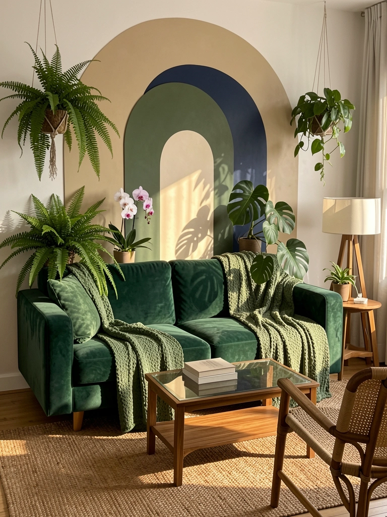Sofá verde-veludo com manta texturizada, arcos sobrepostos em tons neutros e plantas tropicais pendentes sob luz natural suave.