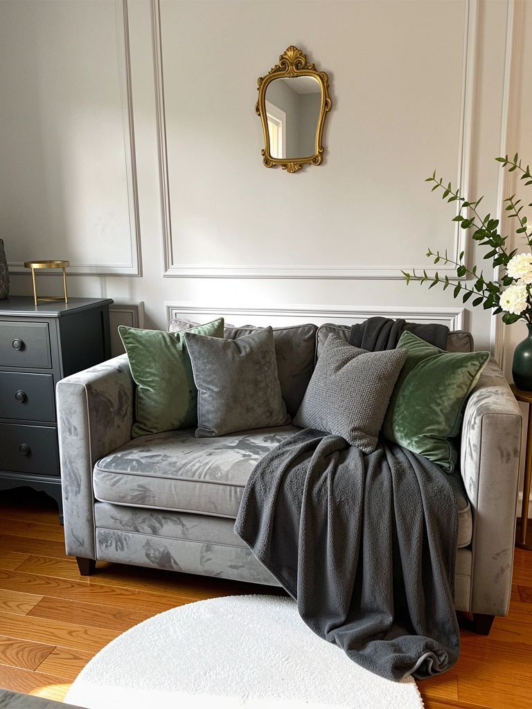 Sofá cinza com almofadas verdes e cinza, cômoda escura à esquerda, vaso com ramo verde e branco sobre mesa dourada, luz natural.