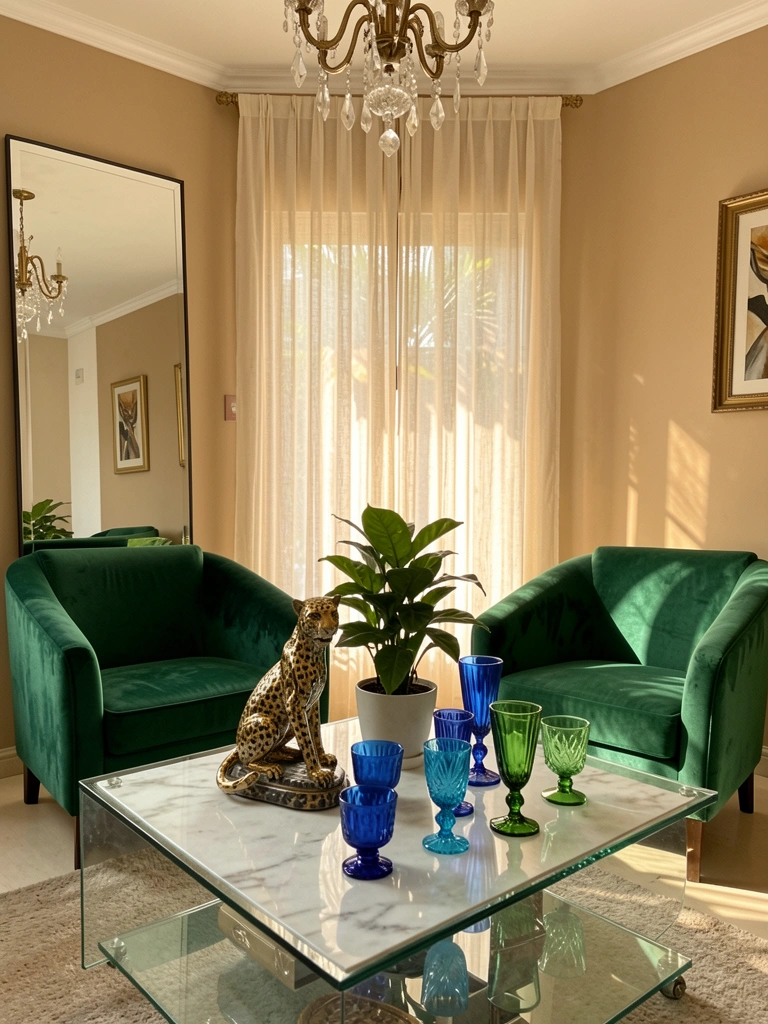 Mesa de vidro e mármore com jarro dourado e taças azuis, poltronas verdes e espelho alto, luz filtrada por cortina creme.