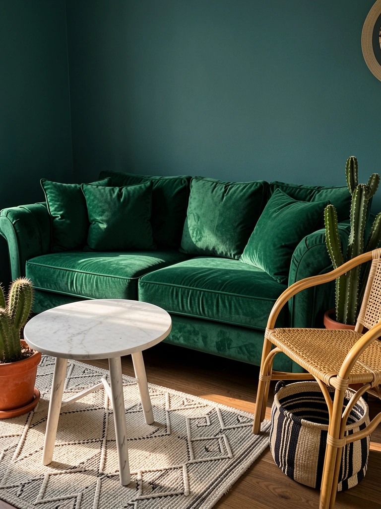Sofá verde-esmeralda de veludo com almofadas fofas e costuras, mesa lateral de mármore branco com tapete geométrico, cadeira de rattan e cactos em vasos de terracota sob luz natural.