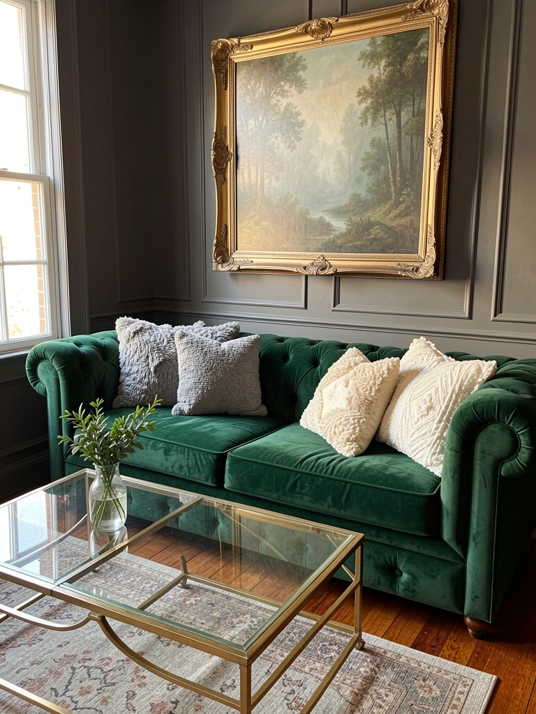 Sofá Chesterfield verde-esmeralda com tufos, mesa de centro com moldura dourada e vaso com folhagens, luz natural em sala de painéis escuros.