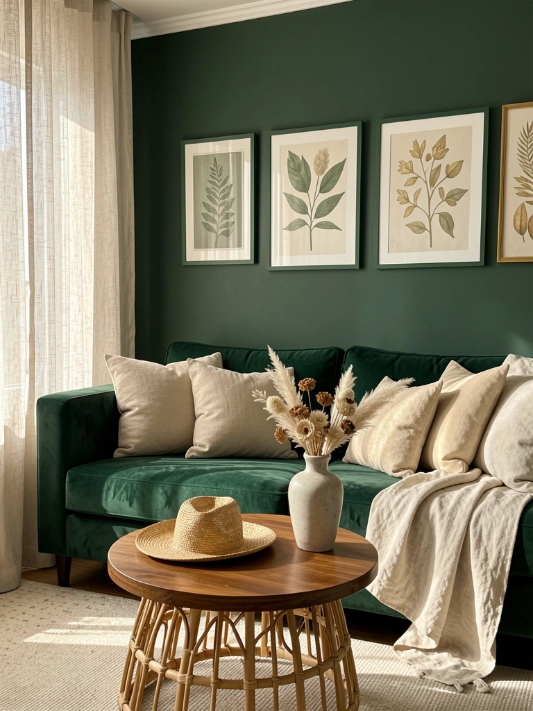 Luz natural filtrada por cortina de linho incide sobre sofá verde veludo com almofadas claras, mesa redonda de madeira com base de rattan e vaso com flores secas.